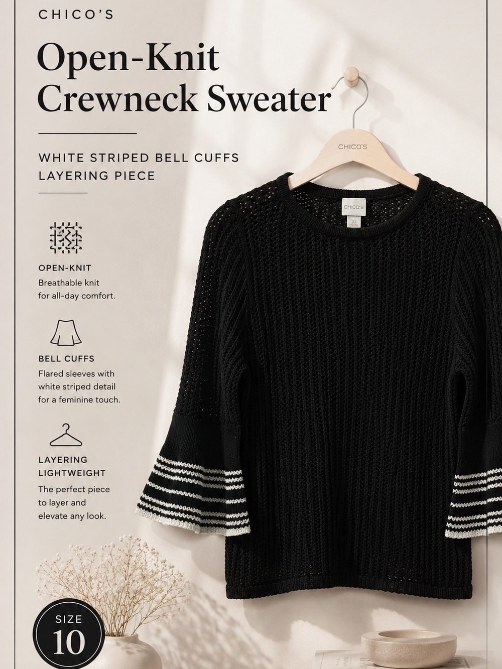 Chico's Black Open-Knit Crewneck Sweater White Striped Bell Cuffs Layering piece